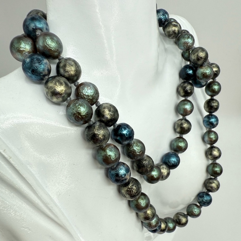 Joan Rivers Blue Green Iridescent Foil Faux Tahitian Pearl Necklace 30” + 4” Ext